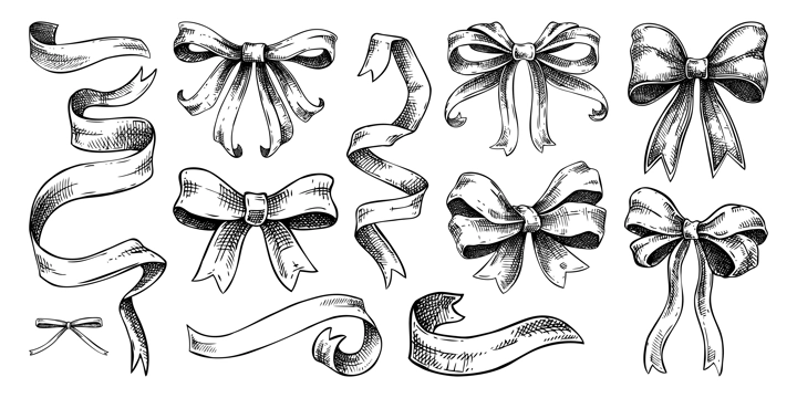 Coquette bow sketches. Rococo design elements Vintage baroque victorian ribbons. Japanese style hand-drawn illustrations. NOT AI generated